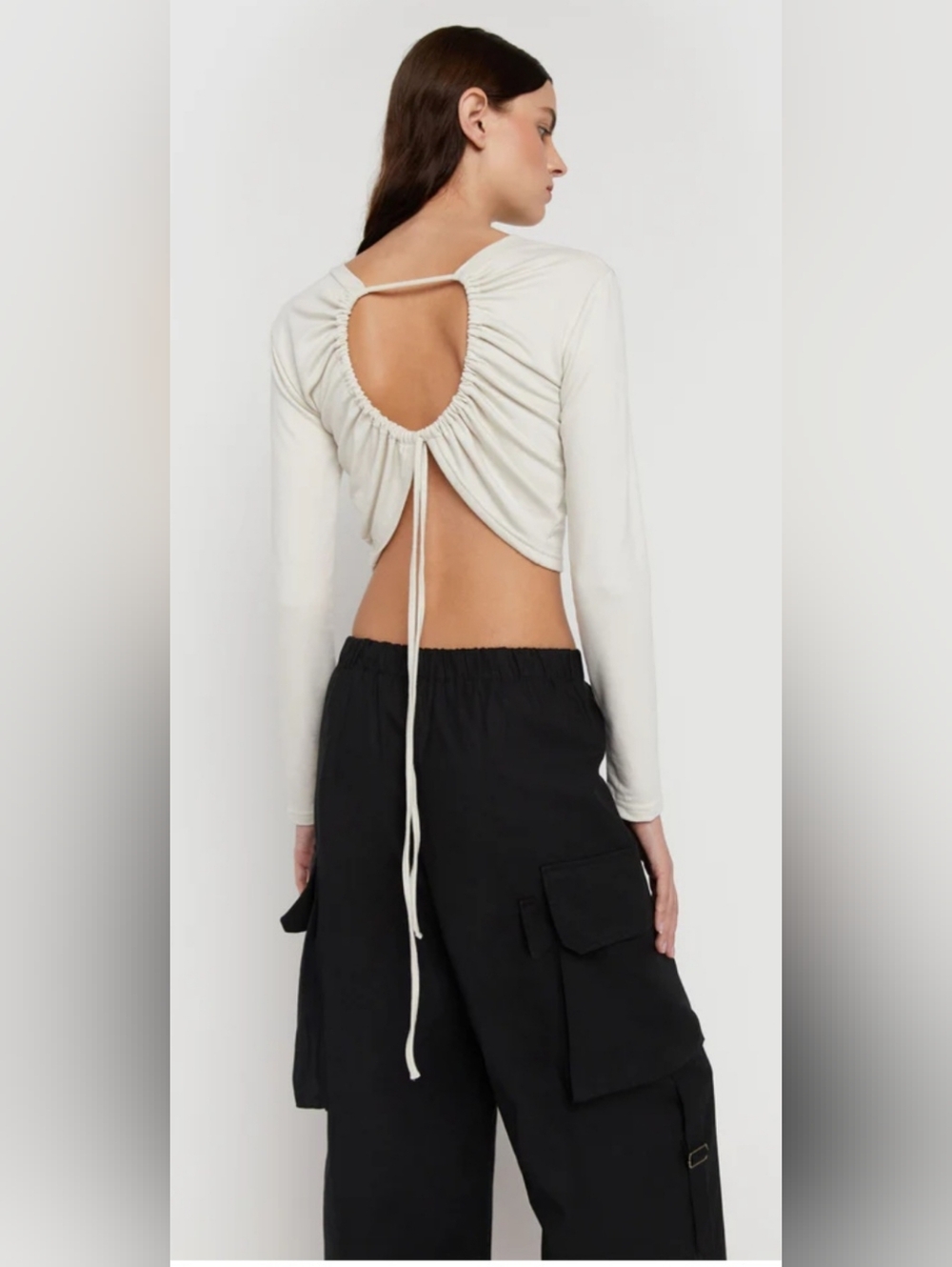OAK + FORT Cream Knit Long Sleeve Open Back Top